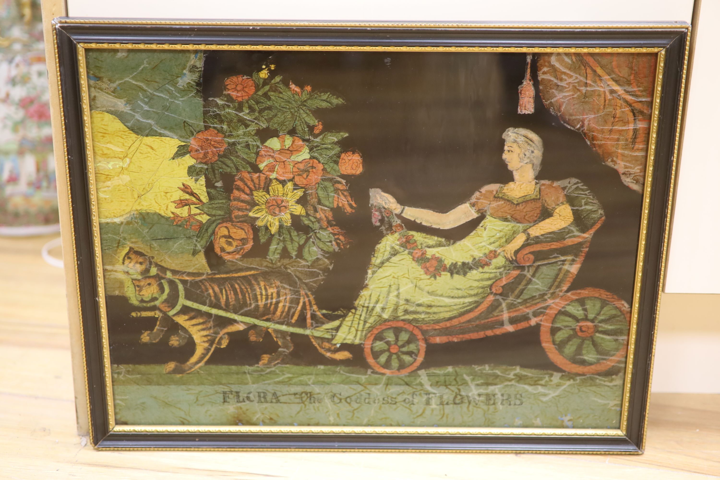 An early Victorian coloured engraving laid onto glass, Flora the goddess of flowers, 33 x 45cm